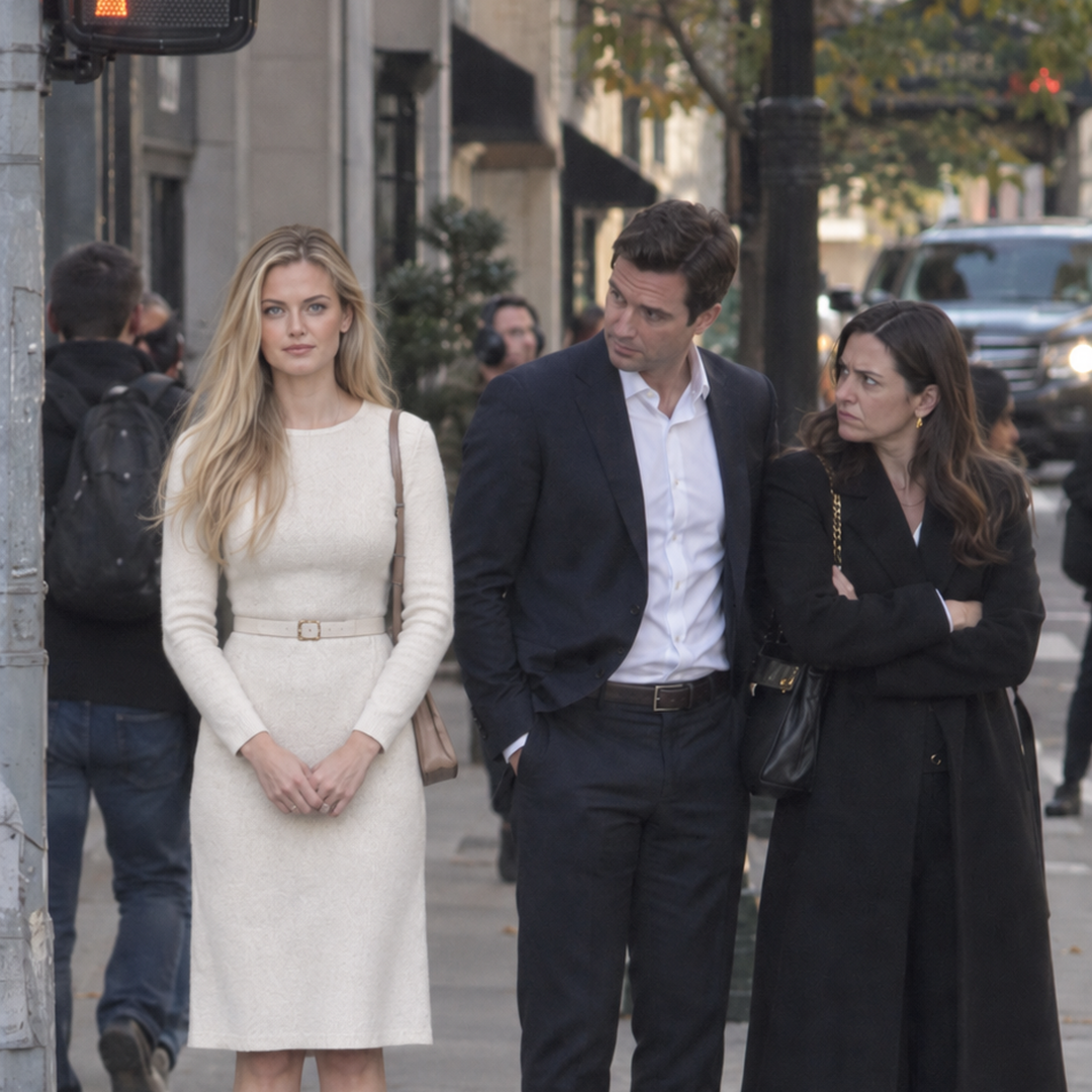 Consequences — a woman crossing the street, elegant and composed